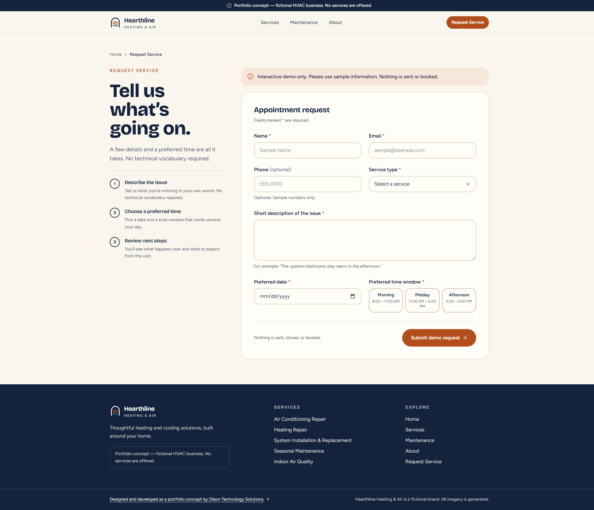 Hearthline Heating & Air service-request page, with a three-step explanation on the left and an appointment request form on the right asking for name, email, optional phone, service type, a short description, a preferred date, and a time window, below a notice that the form is an interactive demo and nothing is sent or booked