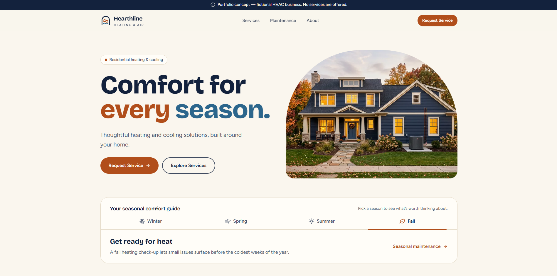 Hearthline Heating & Air homepage on desktop, with the headline “Comfort for every season,” Request Service and Explore Services buttons, an arched photo of a blue house in autumn, and a seasonal comfort guide with Winter, Spring, Summer, and Fall tabs