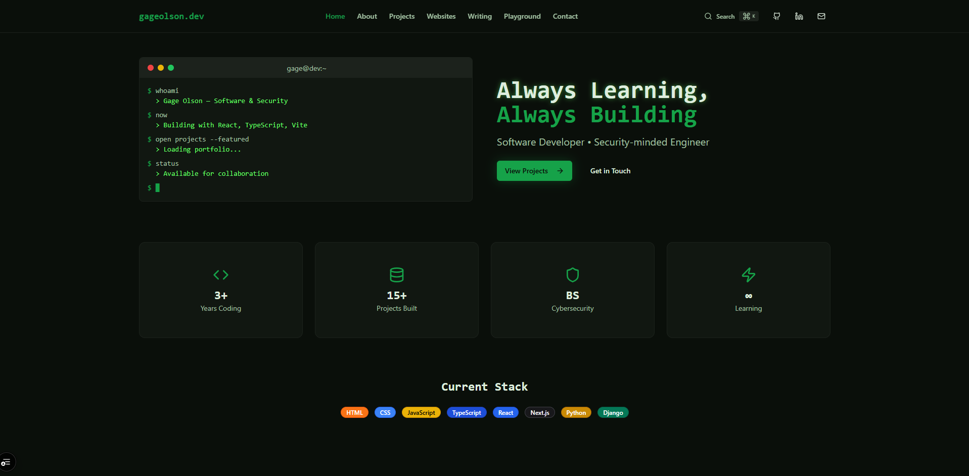 Screenshot of the gageolson.dev homepage