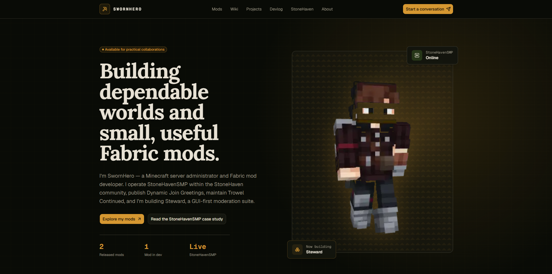 Screenshot of the swornhero.com homepage